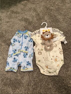 Blue Airplane Short Romper and Cream Safari Bodysuit Set - Baby One-Pieces